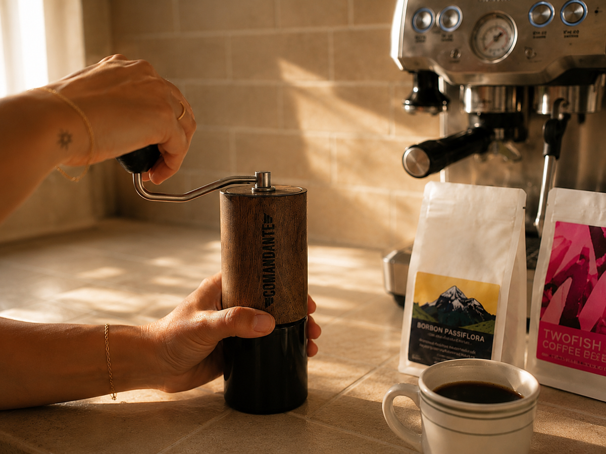 Hand grinding fresh coffee beans on a sunlit kitchen bench