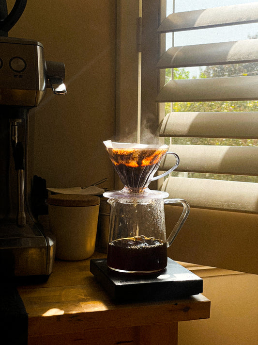 V60 pour over coffee on a wooden bench in the morning light 