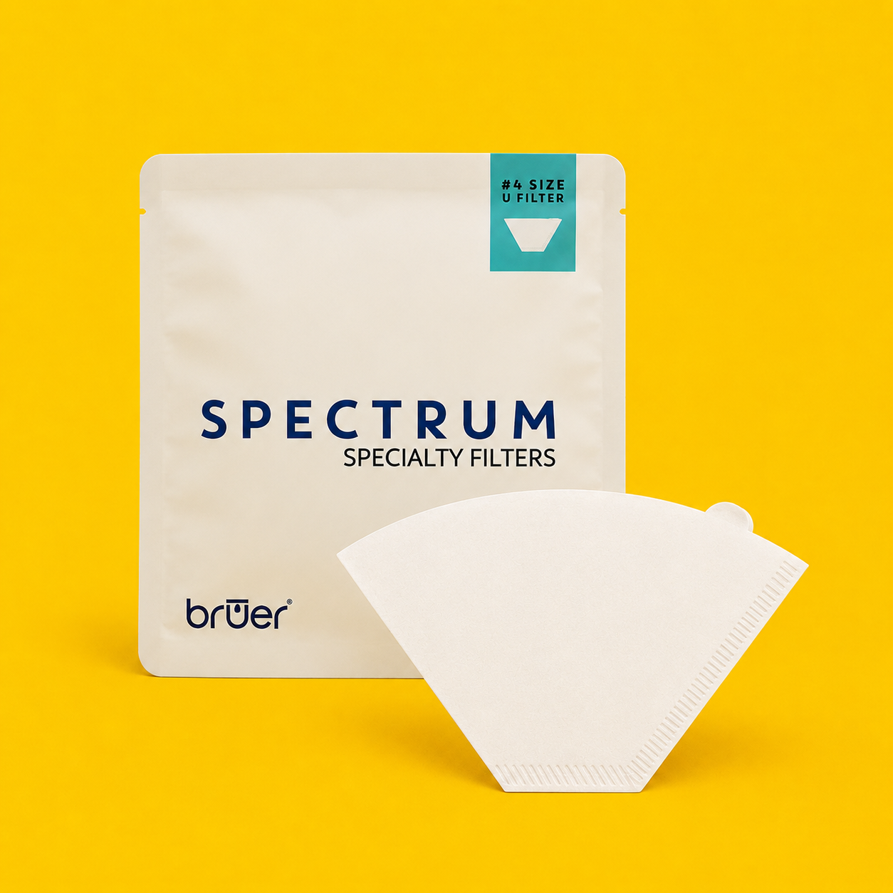 Bruer Spectrum U Shape #4 filter papers pouch with a single filter, yellow background