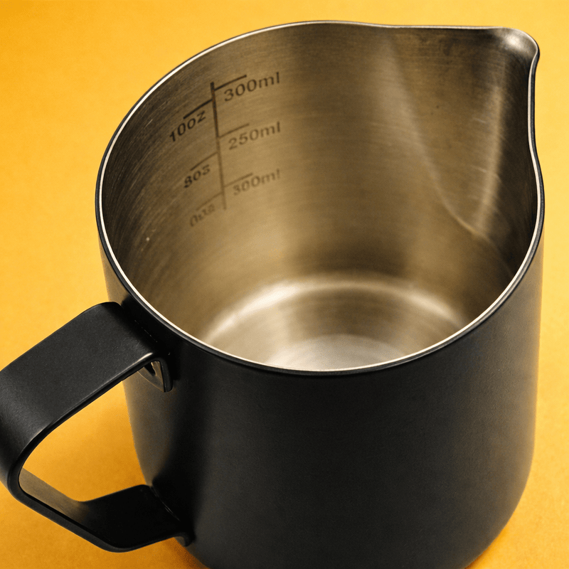 Rhino Pro Stealth black milk jug 12oz, angled spout for latte art at home