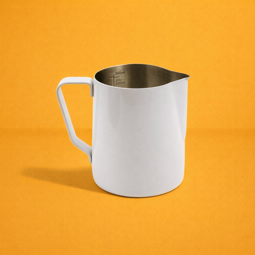 Rhino Pro Stealth milk pitcher 12oz in white, home espresso milk jug